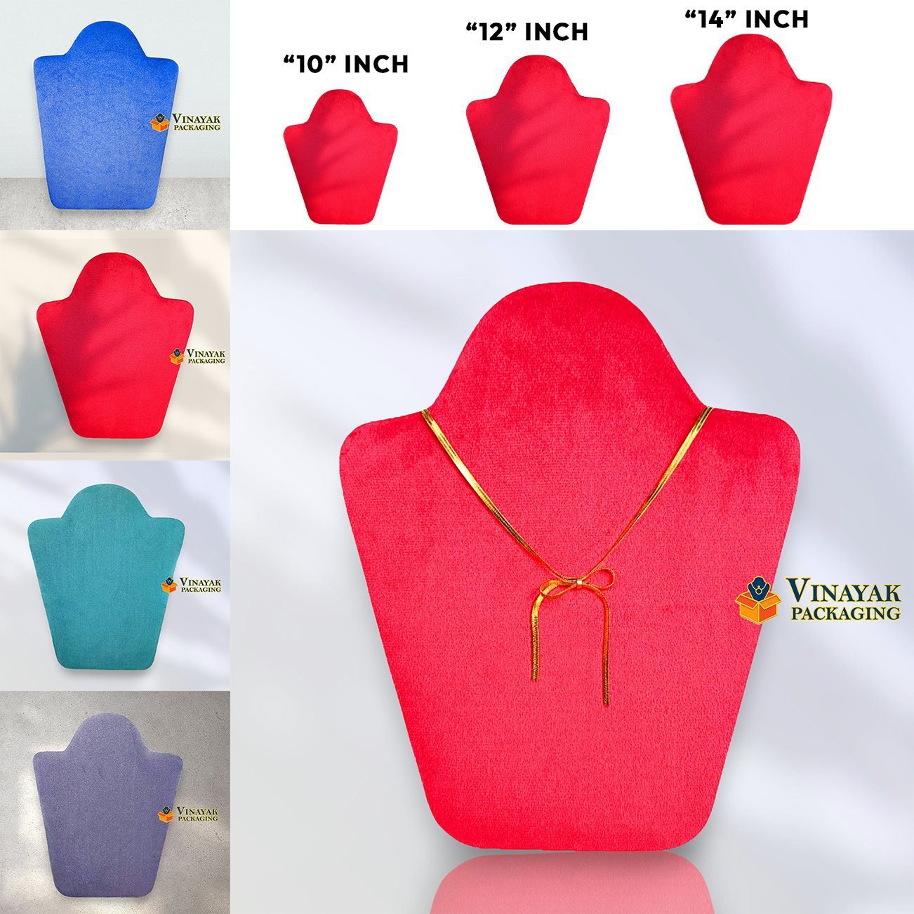 Velvet flat Necklace Display Bust Stand – Jewellery Display Holder (10”, 12”, 14” Sizes, Multiple Colors)