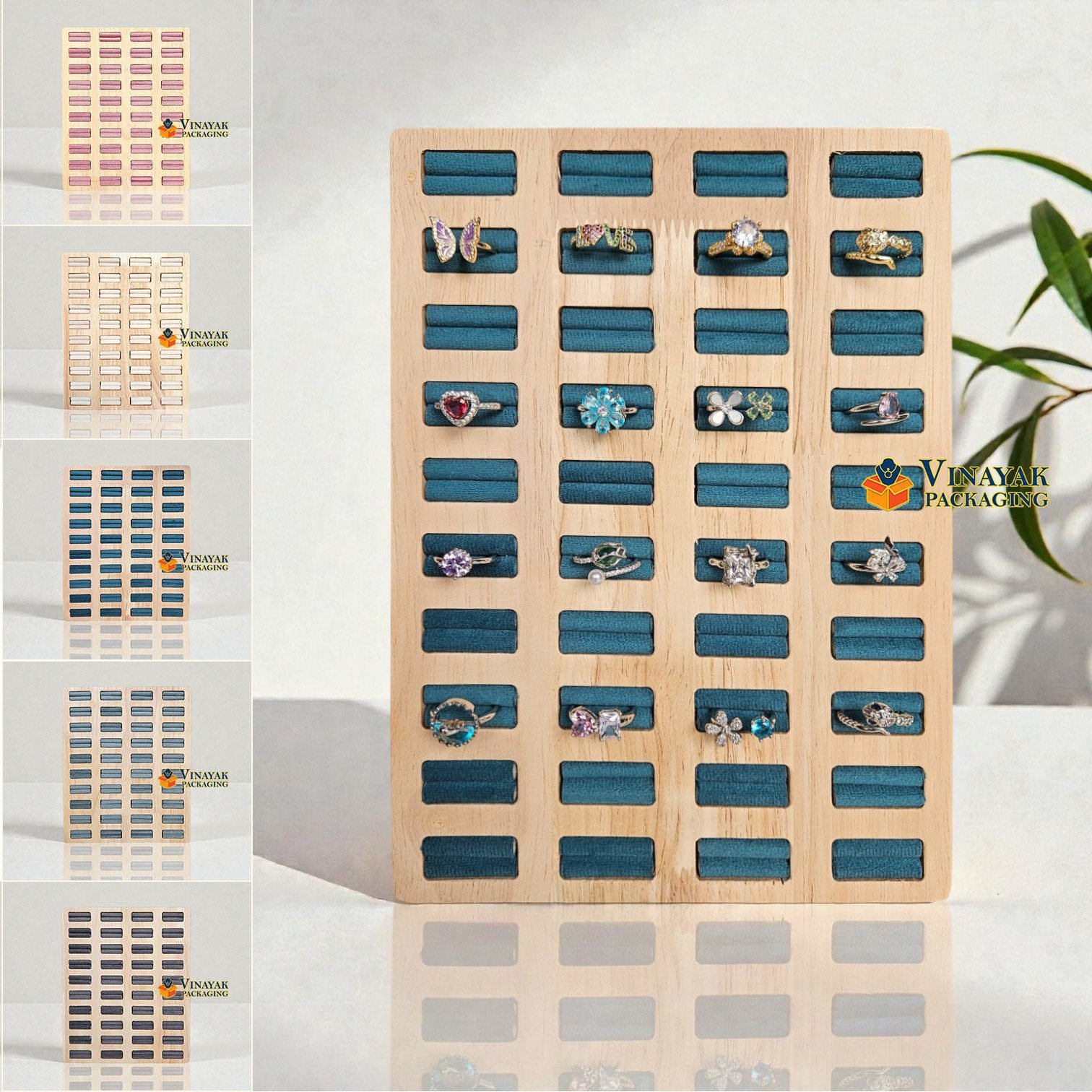 Premium Wooden Ring Display Tray with Velvet Slots