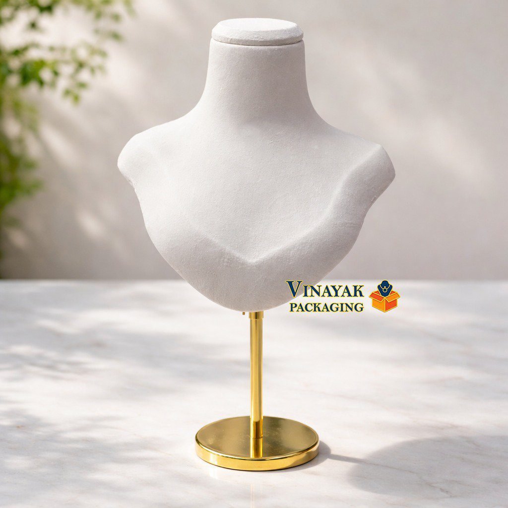 Premium Velvet Jewellery Display Bust Stand with Gold Metal Base (Height adjust :  7.9 inch to 18.1 inch)