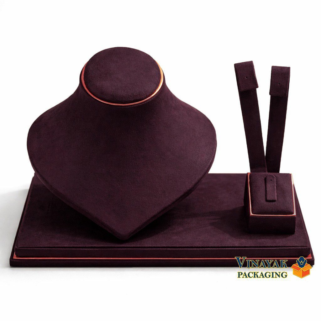 Premium Brown Velvet Jewelry Display Set – Necklace Bust Stand with Earring & Ring Holder for Showroom