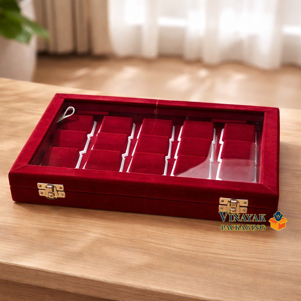 Premium Velvet Earring Display Box with Glass Lid