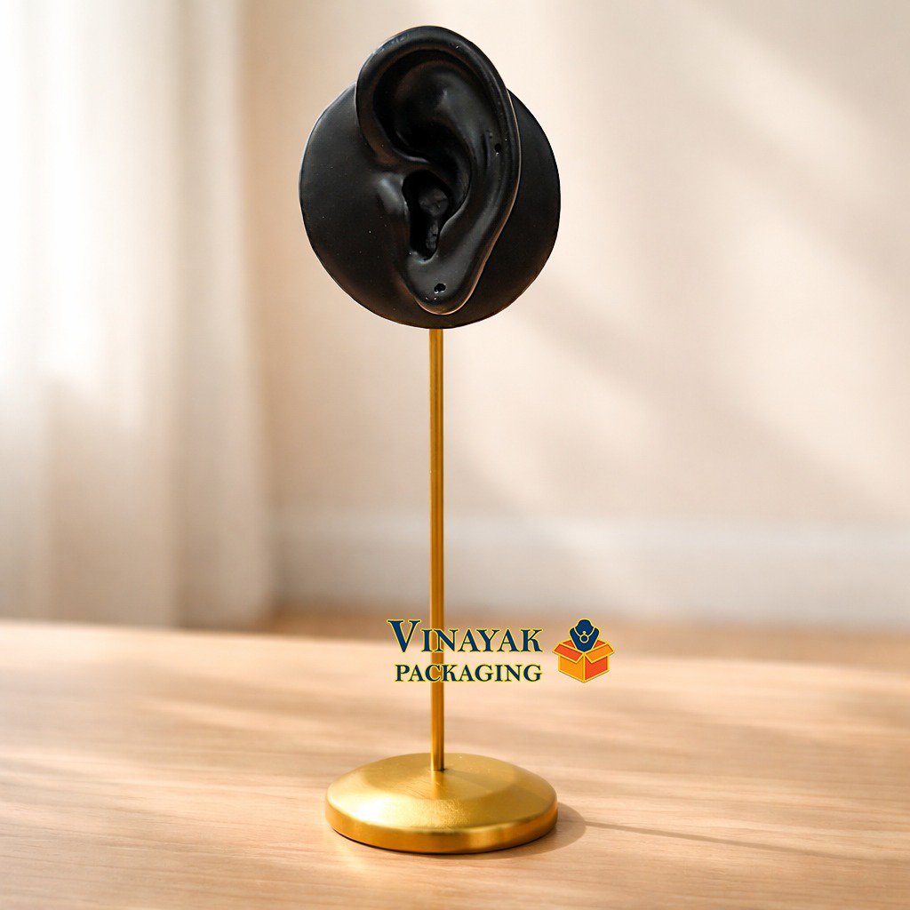 Elegant Black Ear Display Stand with Gold Base – Jewelry Earring Holder for Studs & Cuffs