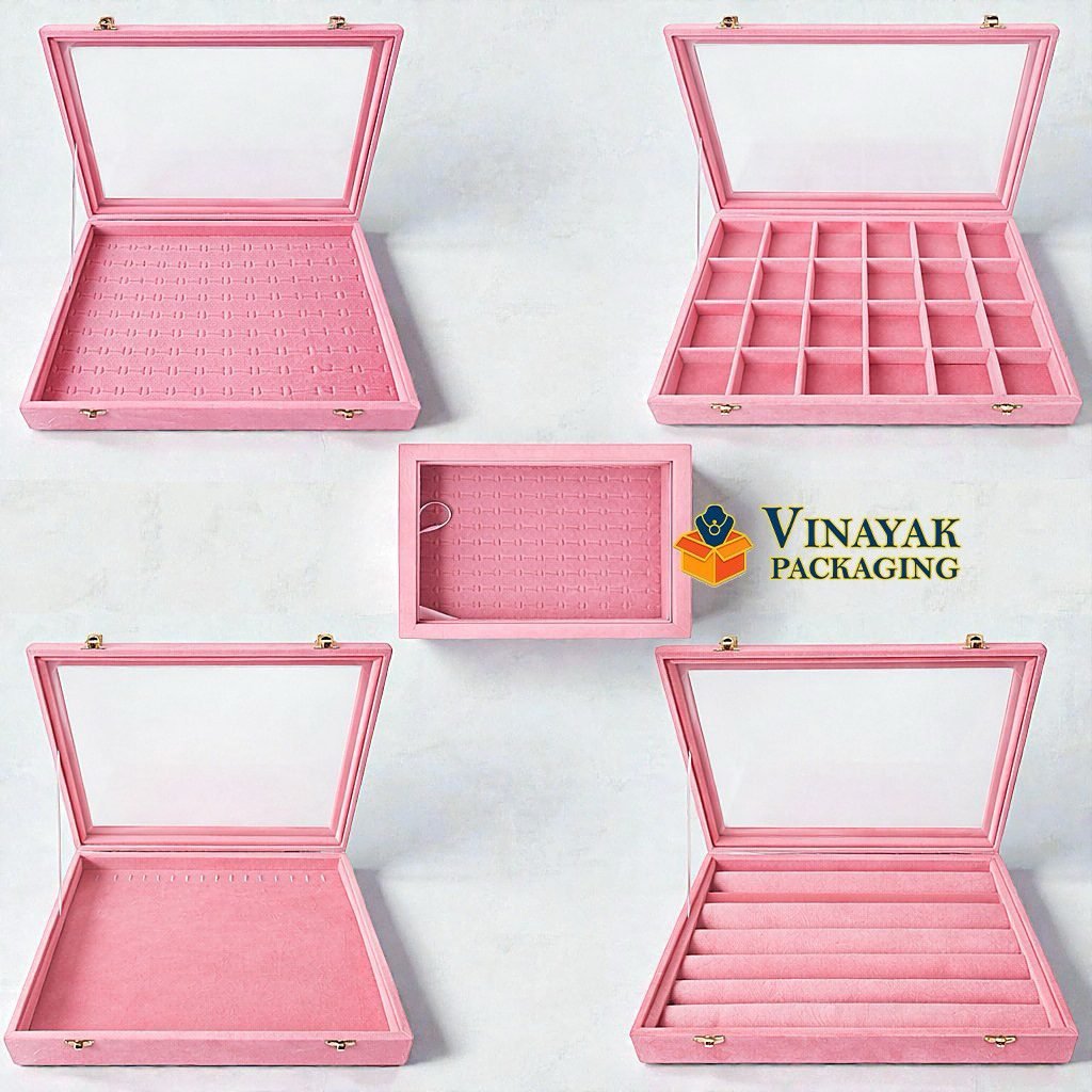 Premium Velvet Jewellery Display Box with Glass Lid | Ring, Earring, Pendant & Bracelet Organizer Case