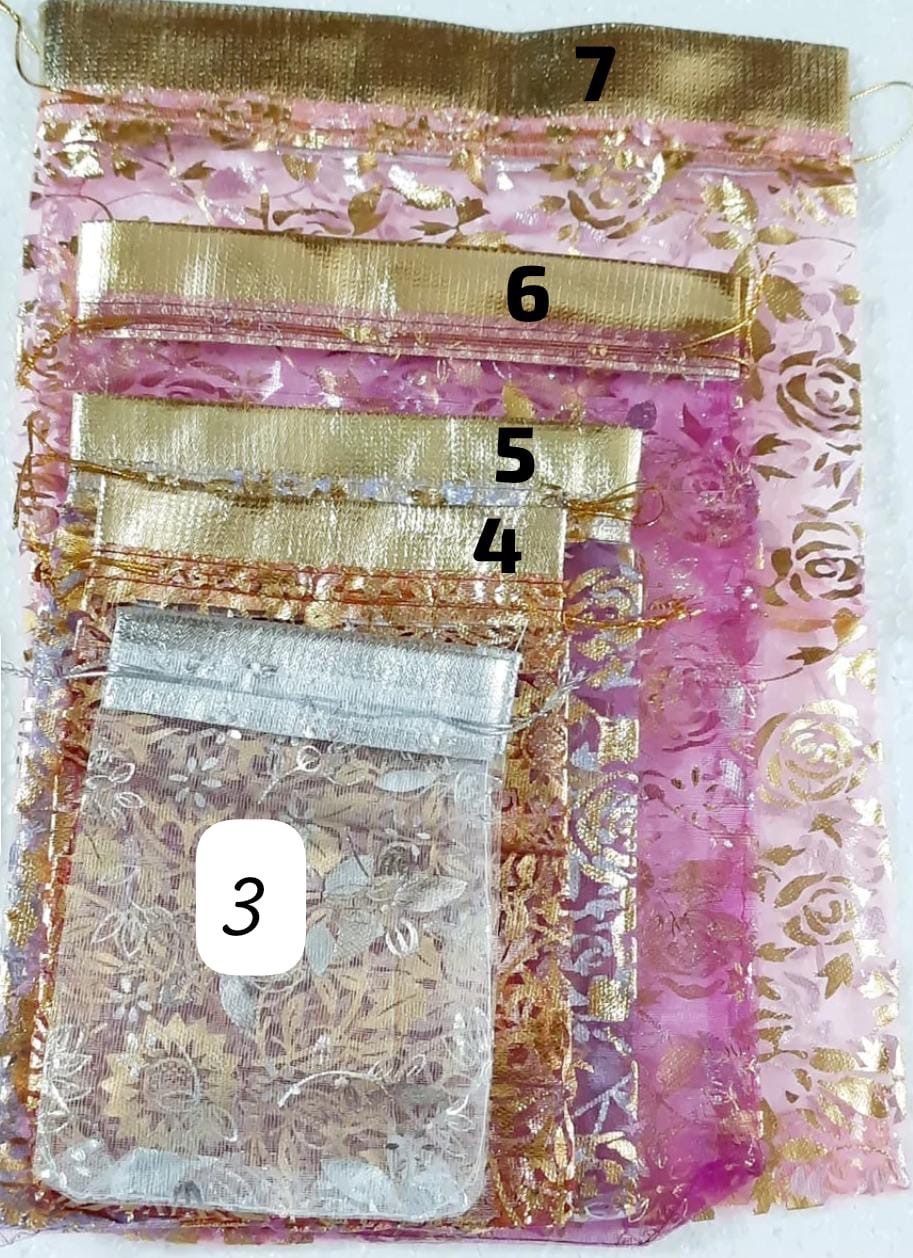 Golden Floral Potli Bags – Multi-Size Gift Packaging 1 Set 100 PCS