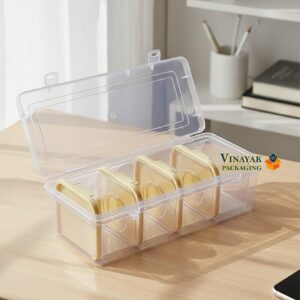 Clear Plastic Multi-Compartment jewellery Storage Box with Gold Inserts - 4 pcs (8*8*5 cm)
