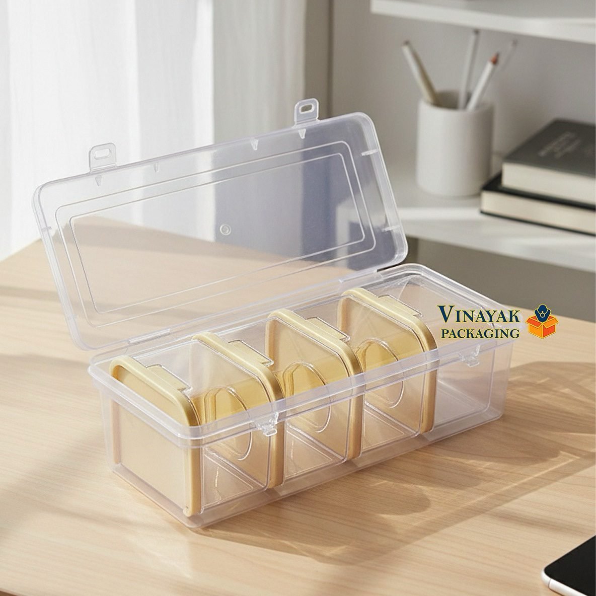 Clear Plastic Multi-Compartment jewellery Storage Box with Gold Inserts - 4 pcs (8*8*5 cm)