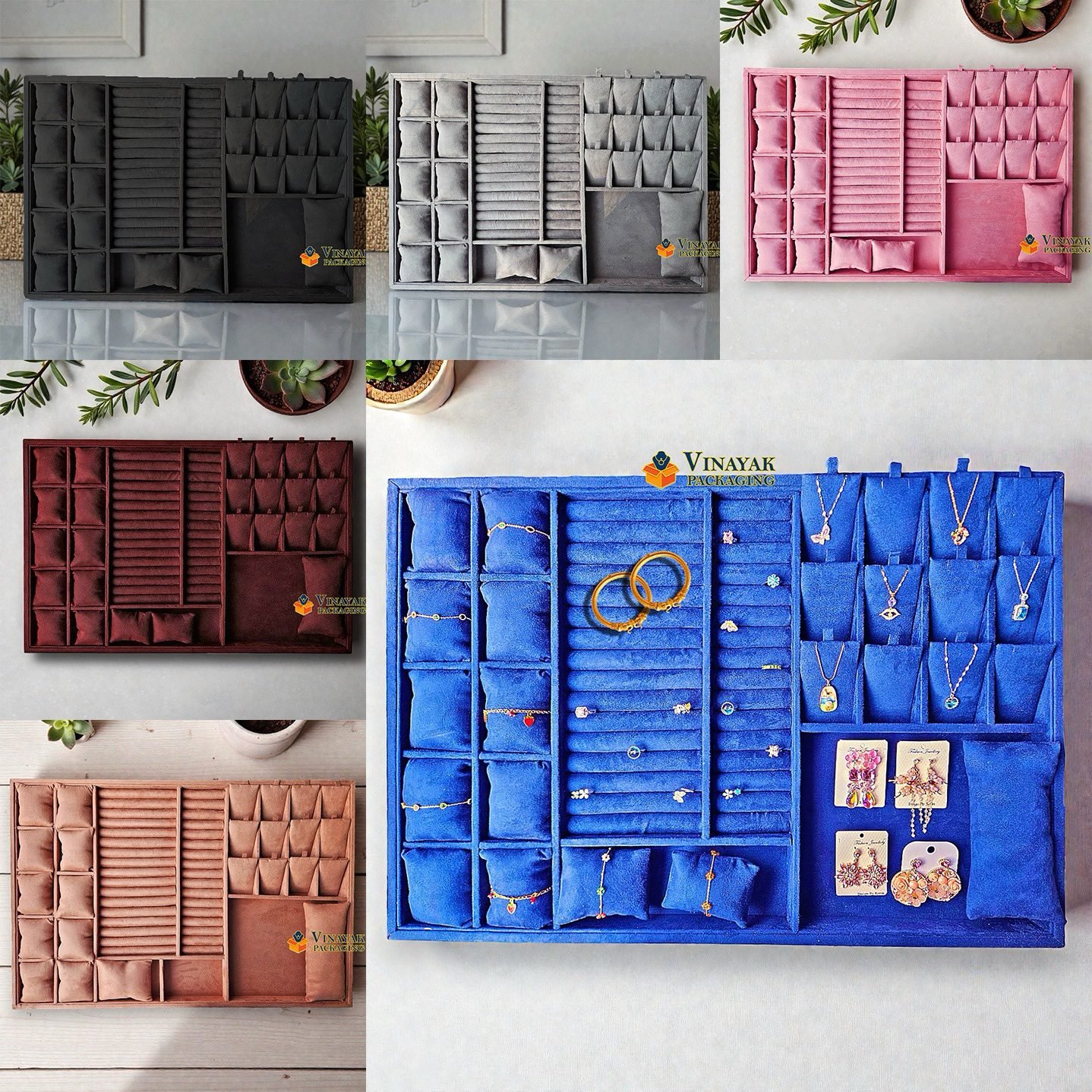 Luxury Velvet exhibition Jewellery Tray with Multi-Section Ring, Earring & Necklace Display (size 20*30)