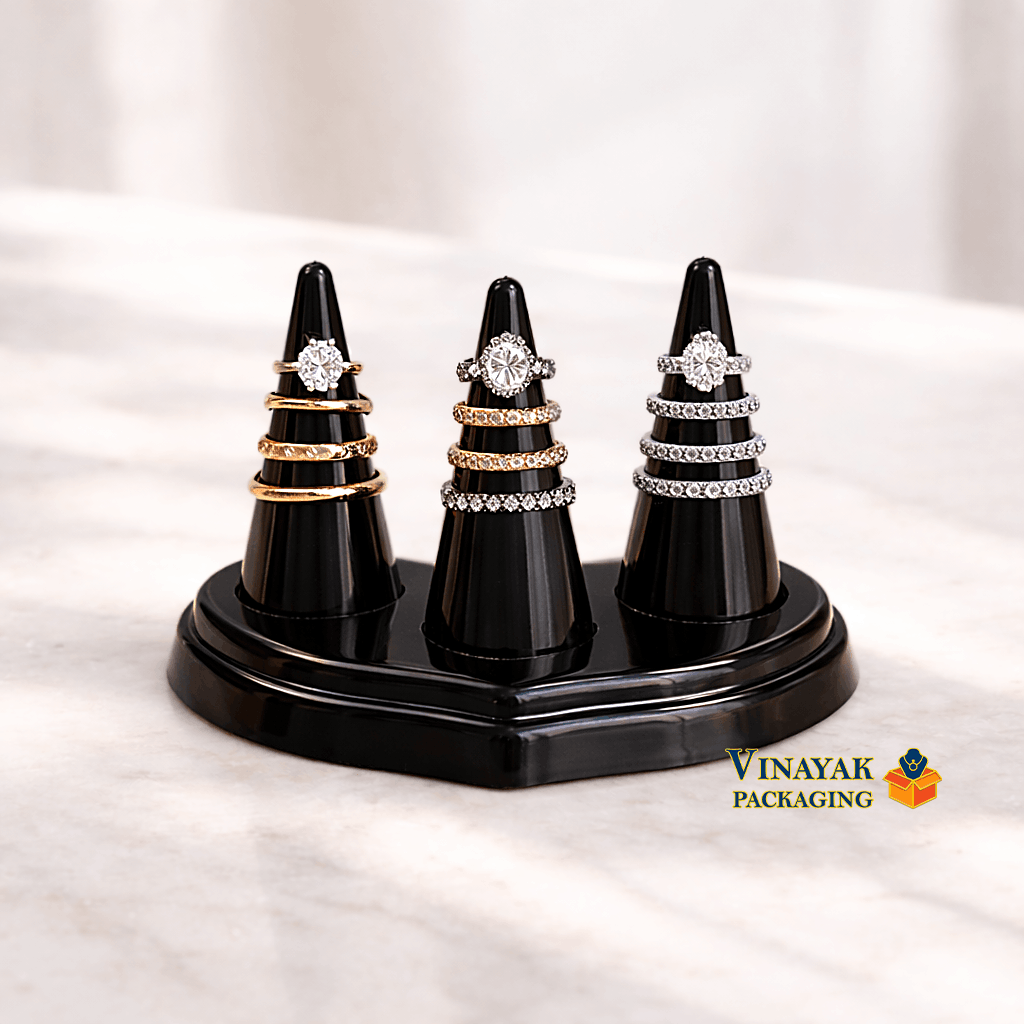 Premium 3-Cone Ring Display Stand – Black Jewelry Organizer for Multiple Rings