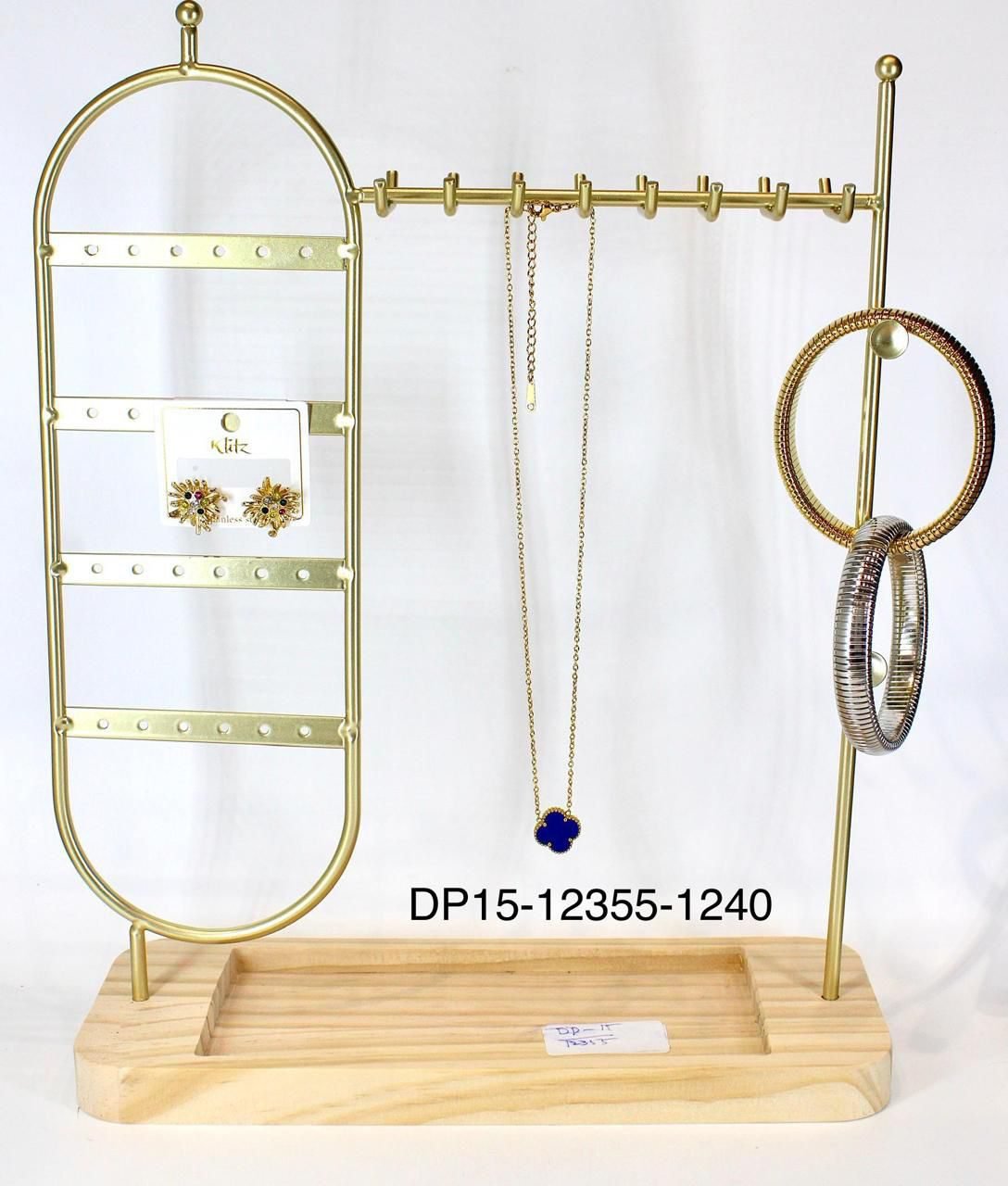 Premium Gold Metal Jewelry Display Stand with Wooden Base