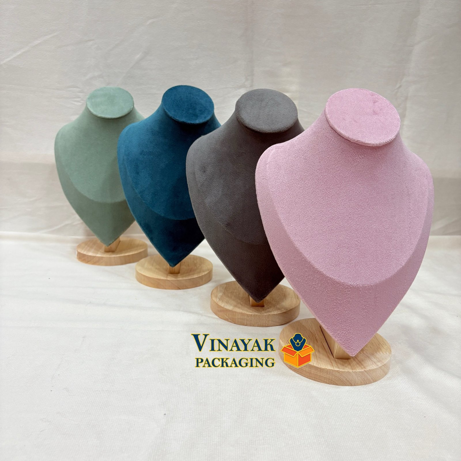 Velvet Necklace Display Stands in Multicolour – Wooden Base Jewellery Busts