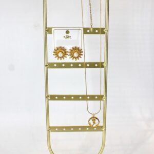 Gold Metal Jewelry Display Stand with Necklace Hooks & Earring Holder on Marble Base