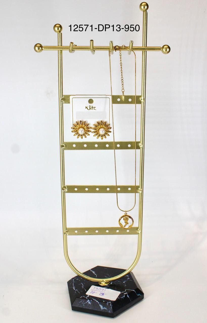 Gold Metal Jewelry Display Stand with Necklace Hooks & Earring Holder on Marble Base
