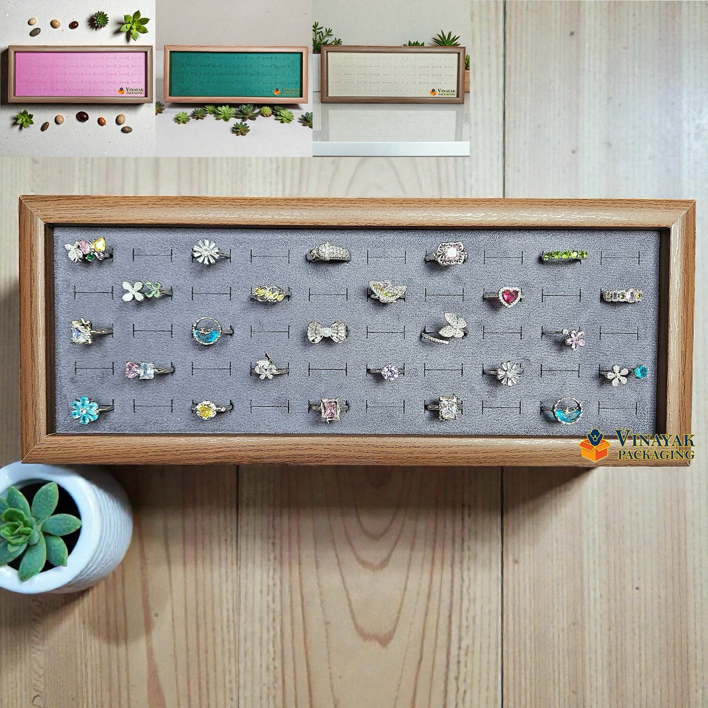 Premium Wooden Ring Display Tray with Velvet Slots | Jewelry Organizer for Ring
