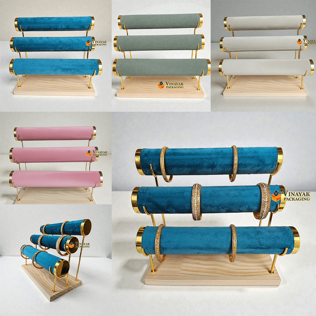 Premium 3-Tier Velvet Bangle & Bracelet Display Stand with Gold Finish Metal Frame and Wooden Base (8*8 inch)