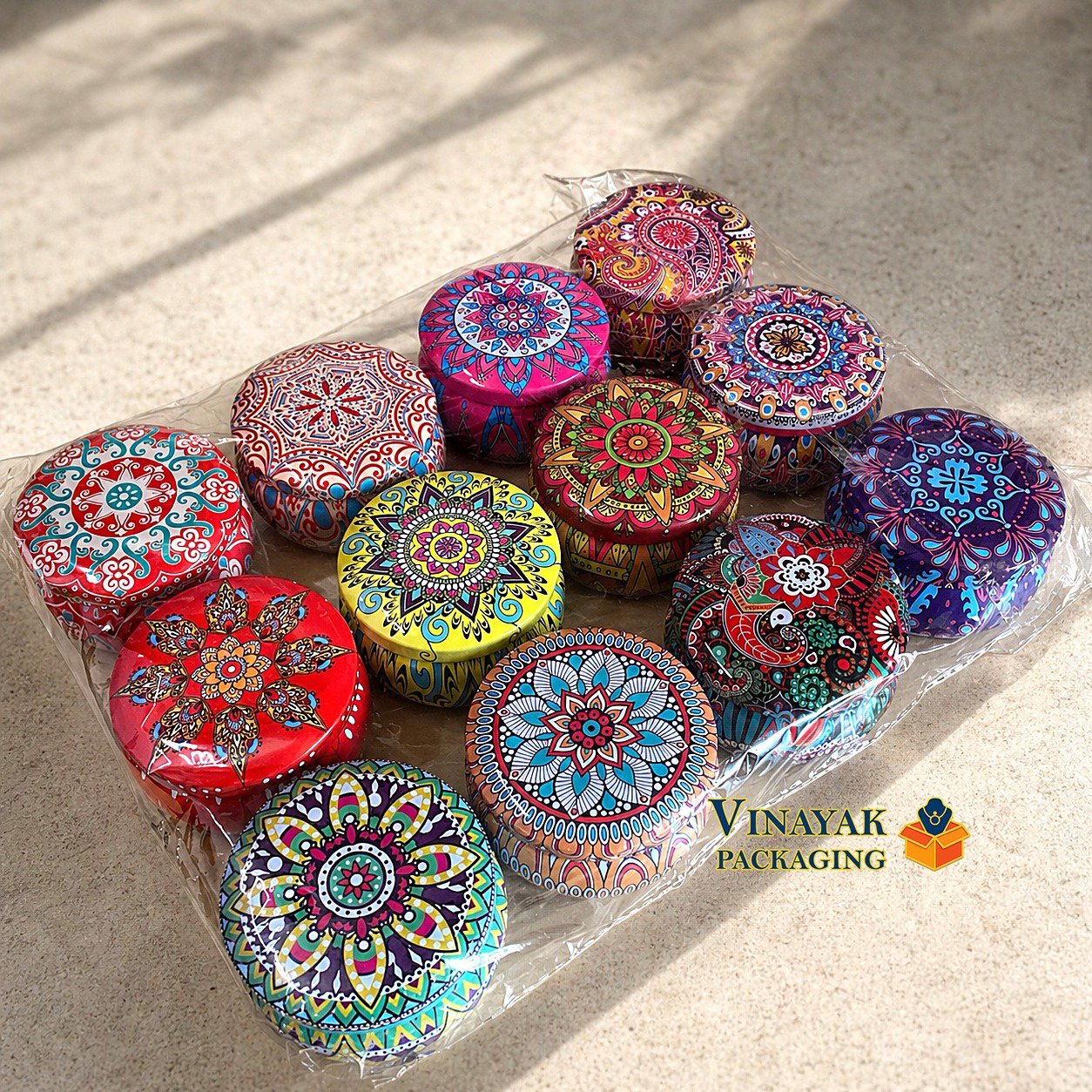 Round Printed Jewelry Storage Tin Box | Mandala Design Round Metal Gift Box (pack of 12)