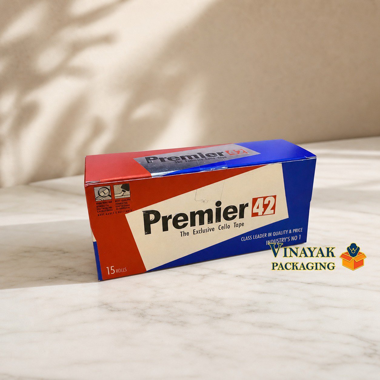 Premier 42 Cello Tape Roll & Packaging Box – Strong Adhesive Transparent Packing Tape (15 pcs)