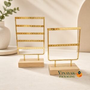 Premium Gold Metal Earring Display Stand with Wooden Base