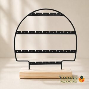 Black Metal Multi-Tier Earring Display Stand with Wooden Base | Countertop Display Rack