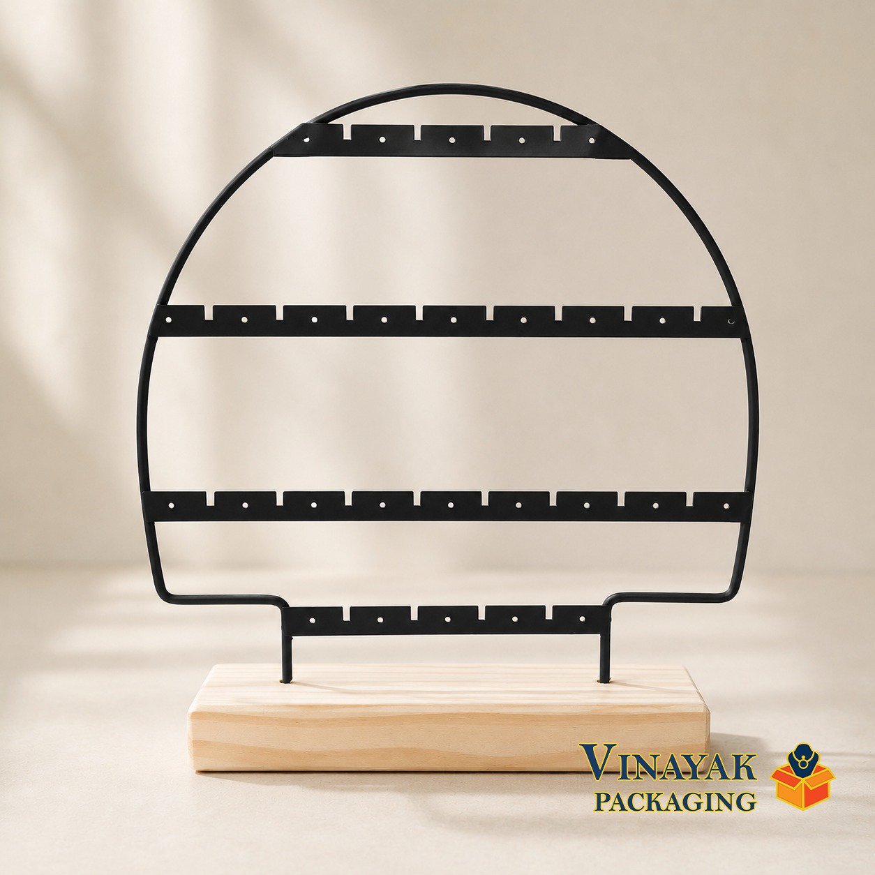 Black Metal Multi-Tier Earring Display Stand with Wooden Base | Countertop Display Rack