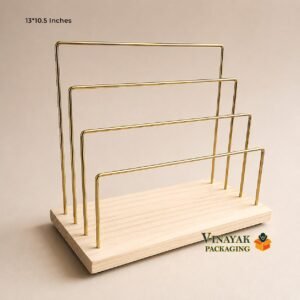 4-Tier Gold Metal Jewelry Display Stand with Wooden Base | Necklace, Bracelet, Bangle & Chain Display Rack (13 x 10.5 Inch)