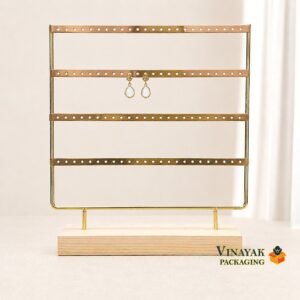 4-Tier Gold Metal Earring Display Stand with Wooden Base | 9.5 x 12 Inch Jewelry Display