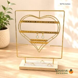 Heart Shape Gold Metal Jewelry Display Stand with Wooden Base | Earring, Ring & Necklace Organizer (9.5 × 14 Inches)