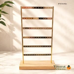 6 Row Gold Metal Earring Display Stand with Wooden Base | Premium Jewelry Holder for Stud, Dangle & Hoop Earrings (8 × 13 Inch)