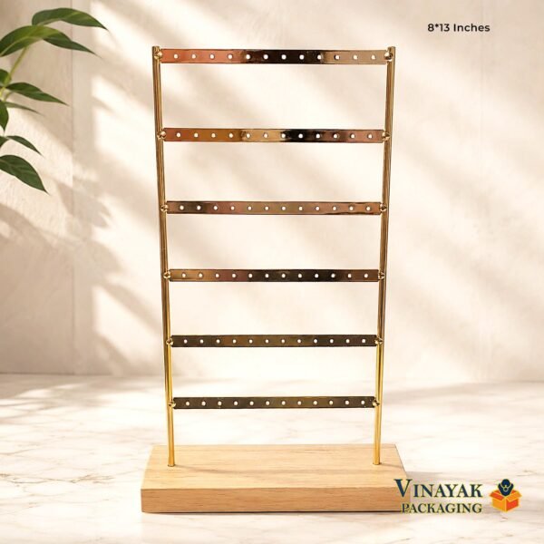 6 Row Gold Metal Earring Display Stand with Wooden Base | Premium Jewelry Holder for Stud, Dangle & Hoop Earrings (8 × 13 Inch)