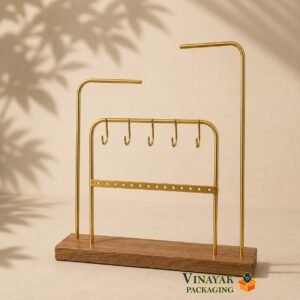 Premium Wooden & Gold Metal Jewelry Display Stand | Necklace, Earring, Bracelet & Chain Holder