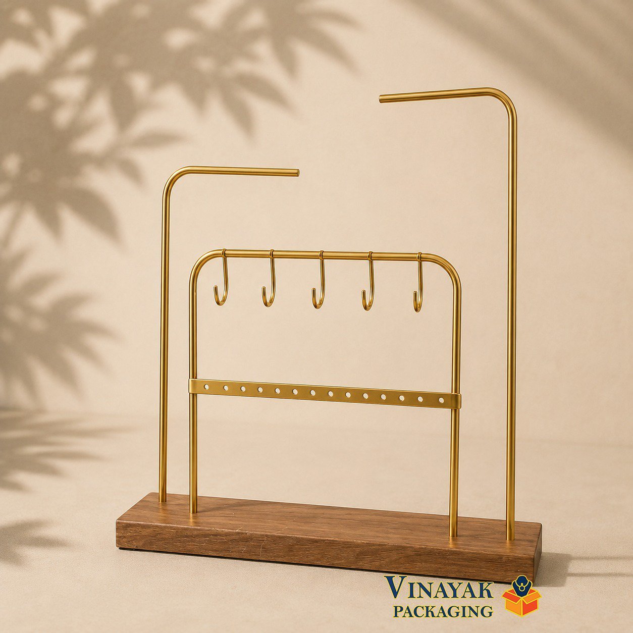 Premium Wooden & Gold Metal Jewelry Display Stand | Necklace, Earring, Bracelet & Chain Holder