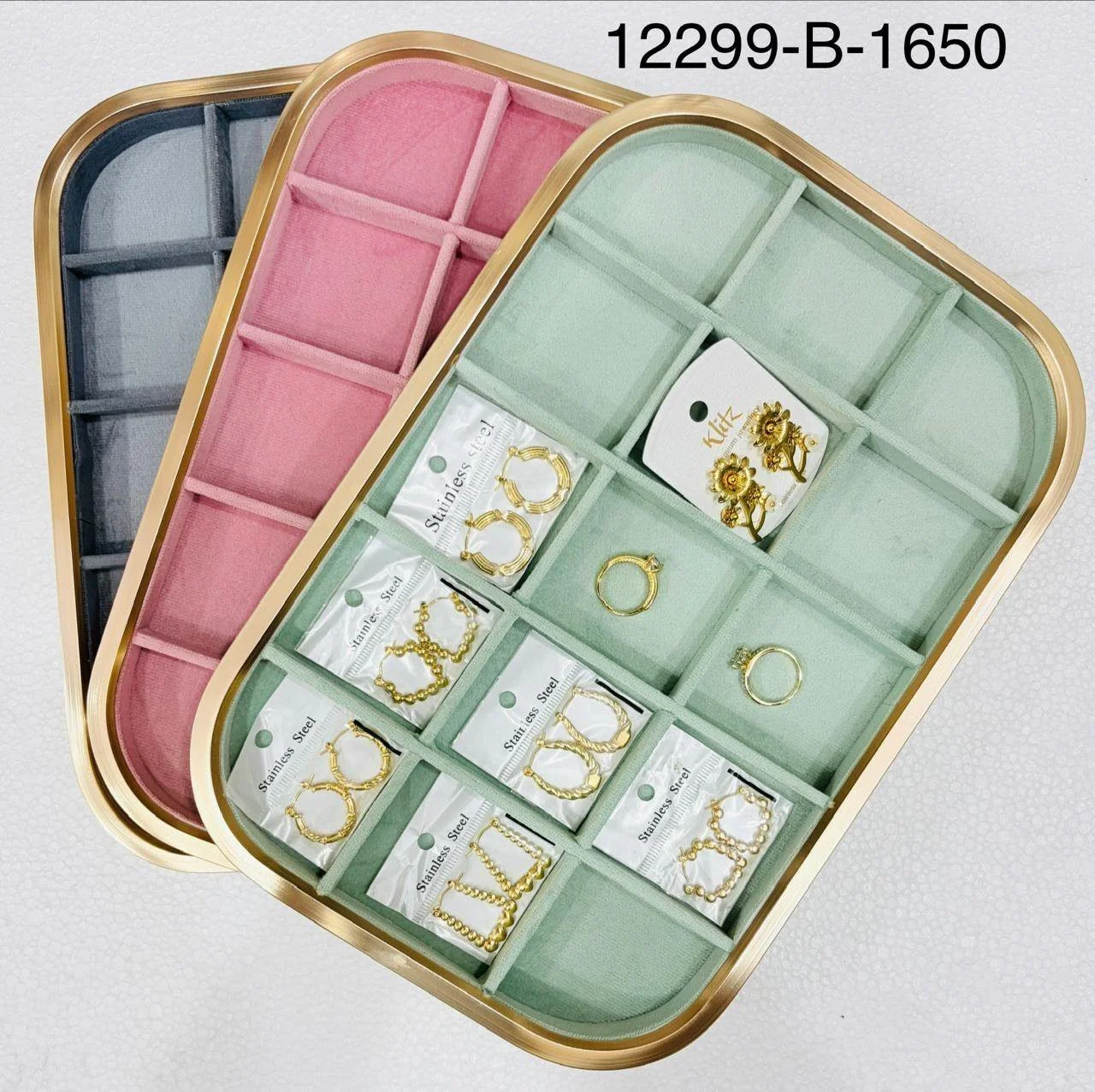 Premium Side metal Velvet Jewelry Organizer Tray with Gold Frame – Multi-Compartment Ring & Earring Storage