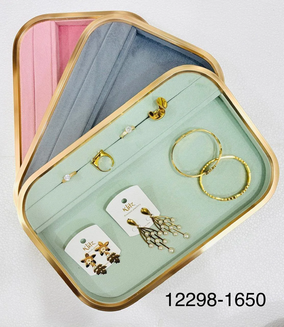 Premium Side Metal Velvet Jewelry Organizer Tray – Gold Frame Ring, Earring & Bracelet Display