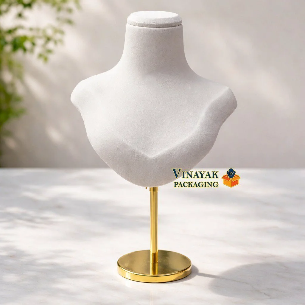 Premium Velvet Jewellery Display Bust Stand with Gold Metal Base (Height adjust :  7.9 inch to 18.1 inch)