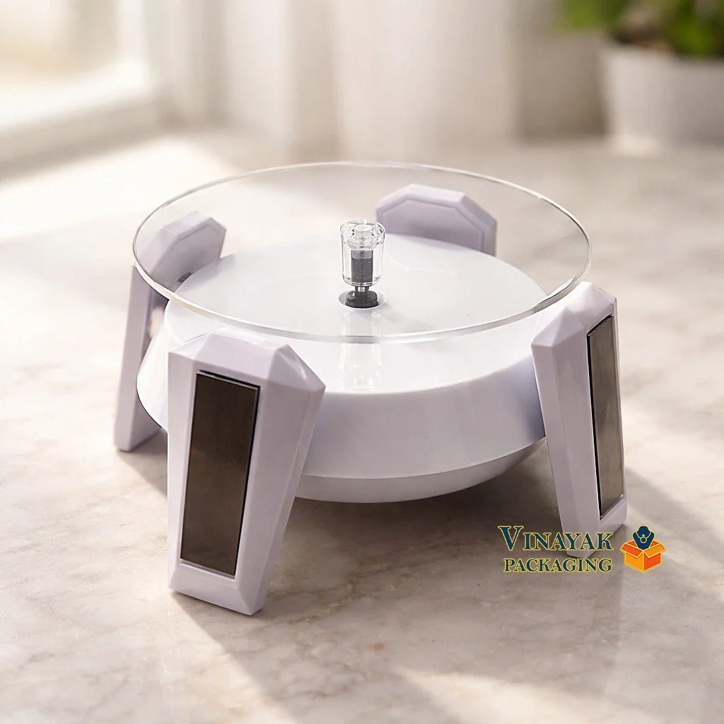 360° Rotating Solar Jewelry Display Turntable – White Motorized Display Stand for Jewelry, Watches & Small Products