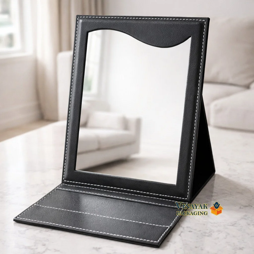Luxury Black Leather Foldable Table Mirror Display Stand