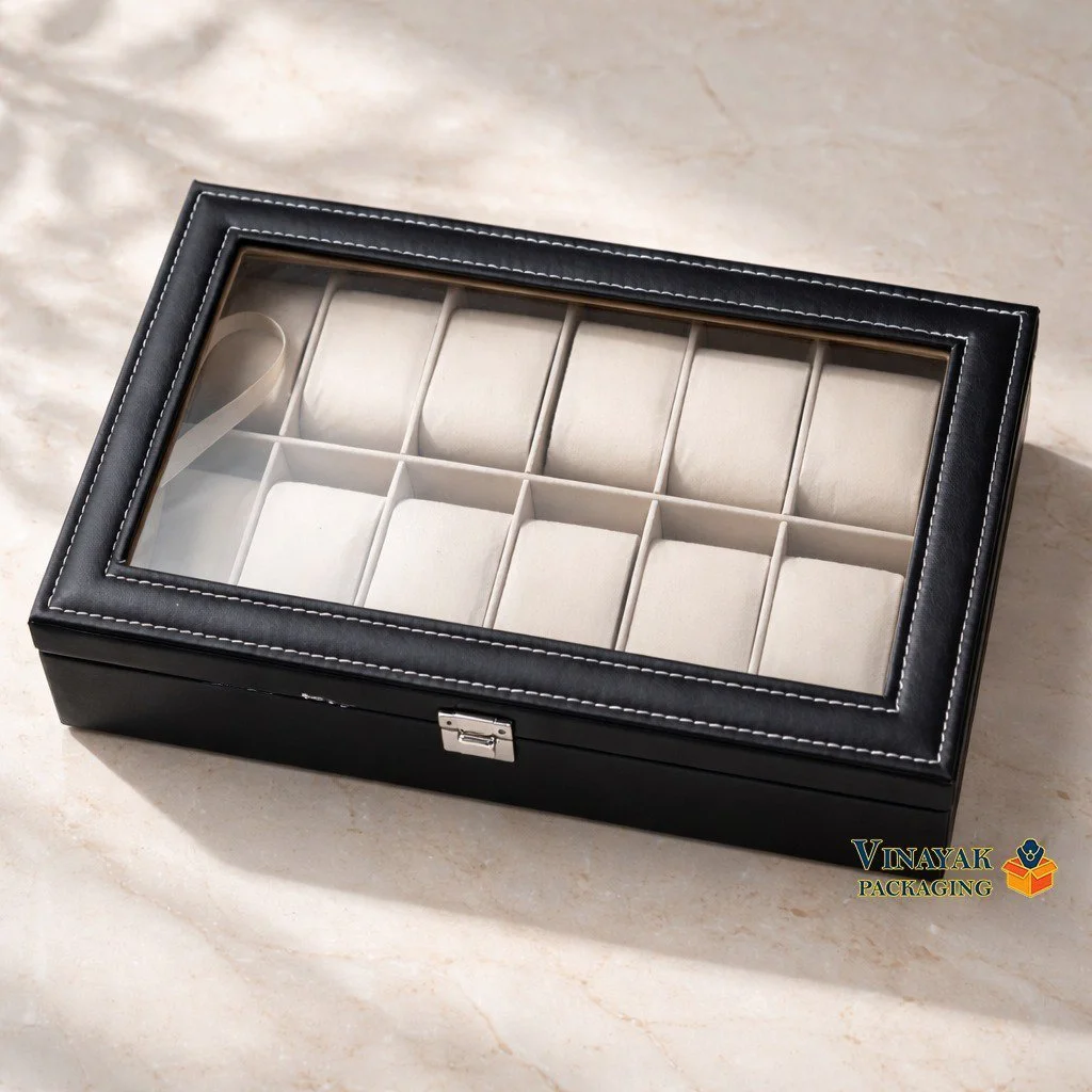 Luxury 12-Slot Watch Organizer Box with Glass Lid – Premium Leather Watch Storage Case for Watches, Bracelets & Jewelry Display
