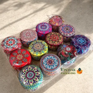 Round Printed Jewelry Storage Tin Box | Mandala Design Round Metal Gift Box (pack of 12)