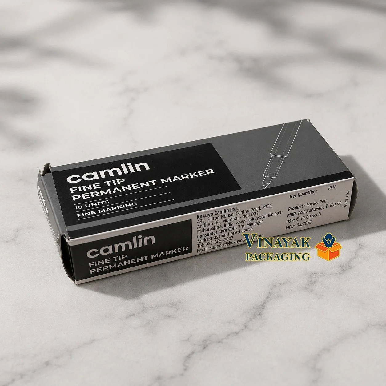 Camlin Fine Tip Permanent Marker Pen Set – Black Waterproof Permanent Marker (10 pcs)