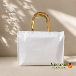 Premium Single Zip PVC Gift Bag with Gold Handle | Reusable Waterproof Shopping & Jewelry Packaging Bag