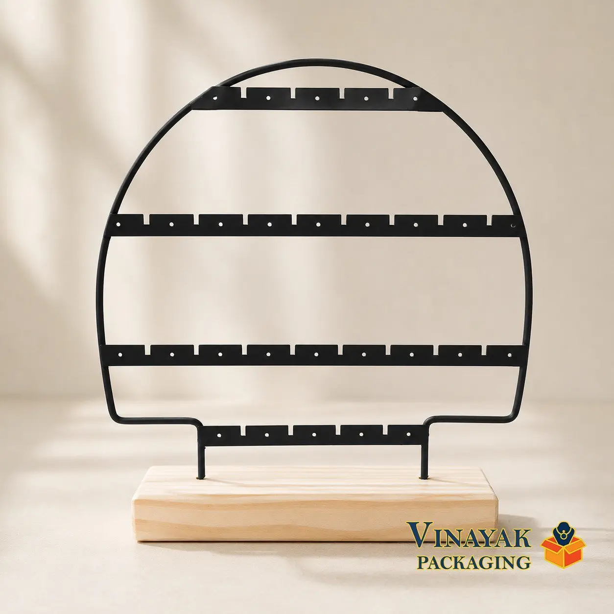 Black Metal Multi-Tier Earring Display Stand with Wooden Base | Countertop Display Rack