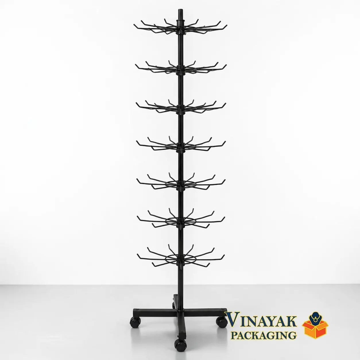 5 Feet Rotating Display Stand with Wheels | 7-Tier Metal Spinner Rack | Retail Display Stand for Jewellery, Hair Accessories & Small Products