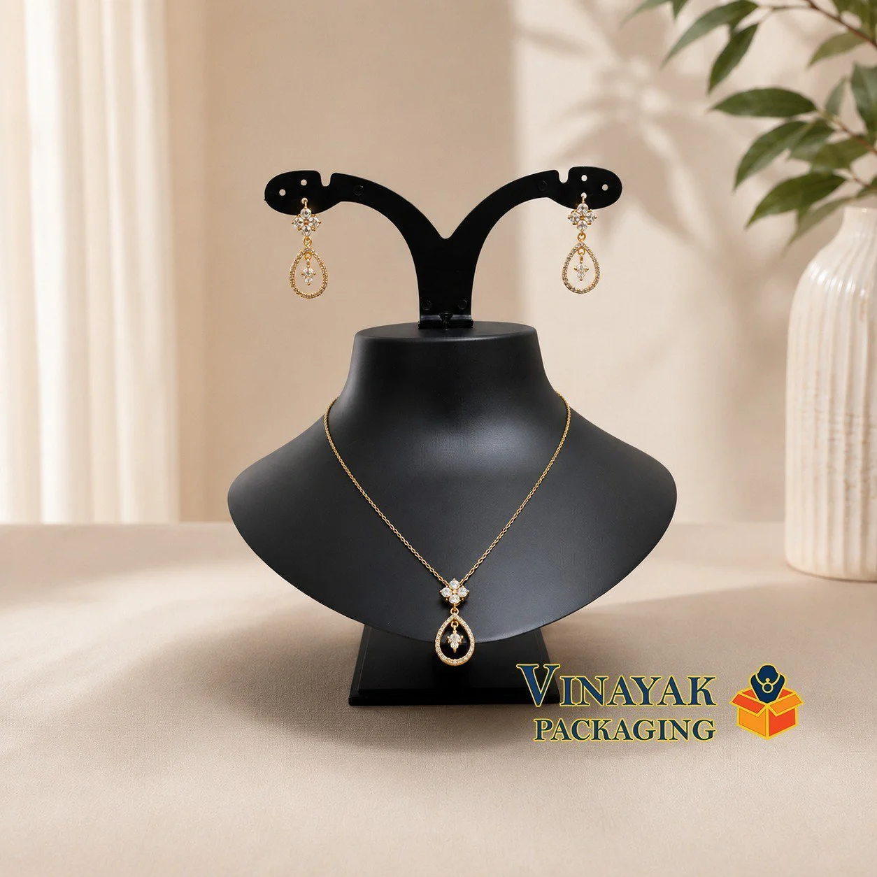 Black Matte Jewelry Display Bust with Dual Earring Holder | Necklace & Earring Display Stand