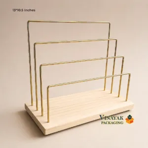 4-Tier Gold Metal Jewelry Display Stand with Wooden Base | Necklace, Bracelet, Bangle & Chain Display Rack (13 x 10.5 Inch)