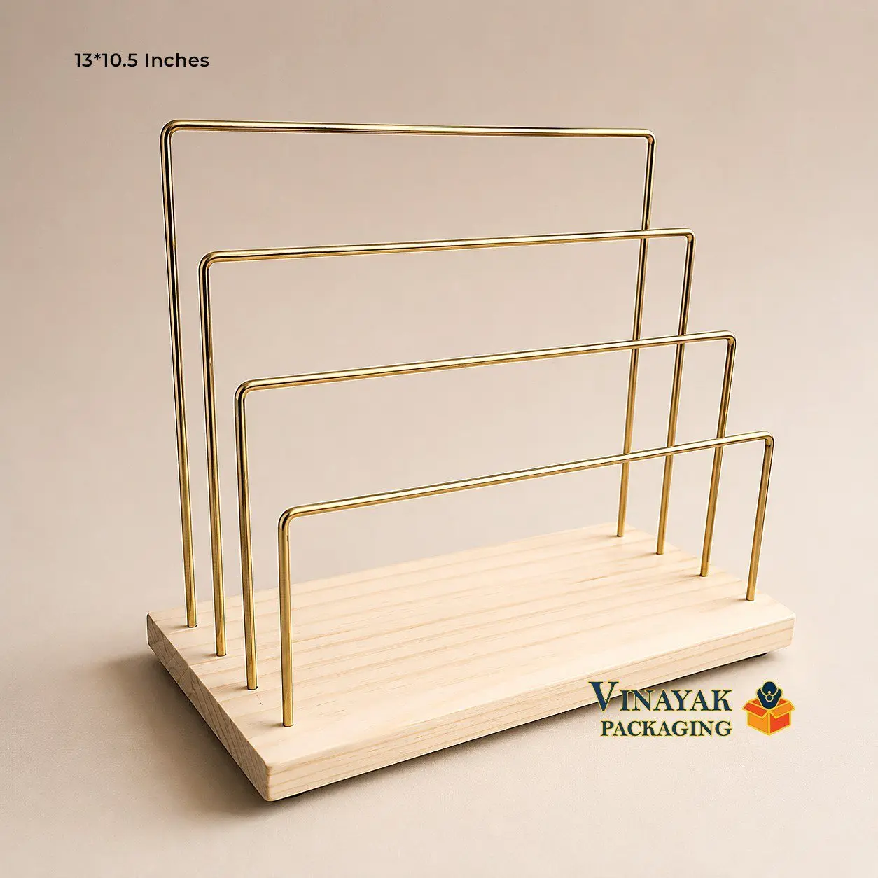4-Tier Gold Metal Jewelry Display Stand with Wooden Base | Necklace, Bracelet, Bangle & Chain Display Rack (13 x 10.5 Inch)