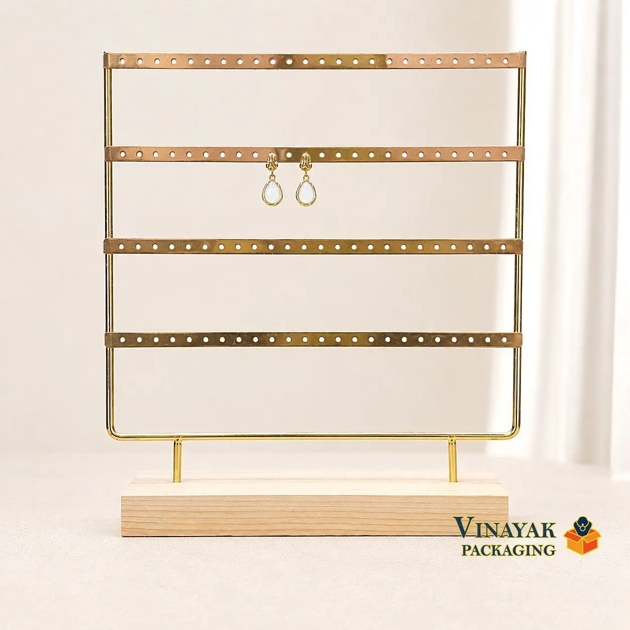 4-Tier Gold Metal Earring Display Stand with Wooden Base | 9.5 x 12 Inch Jewelry Display