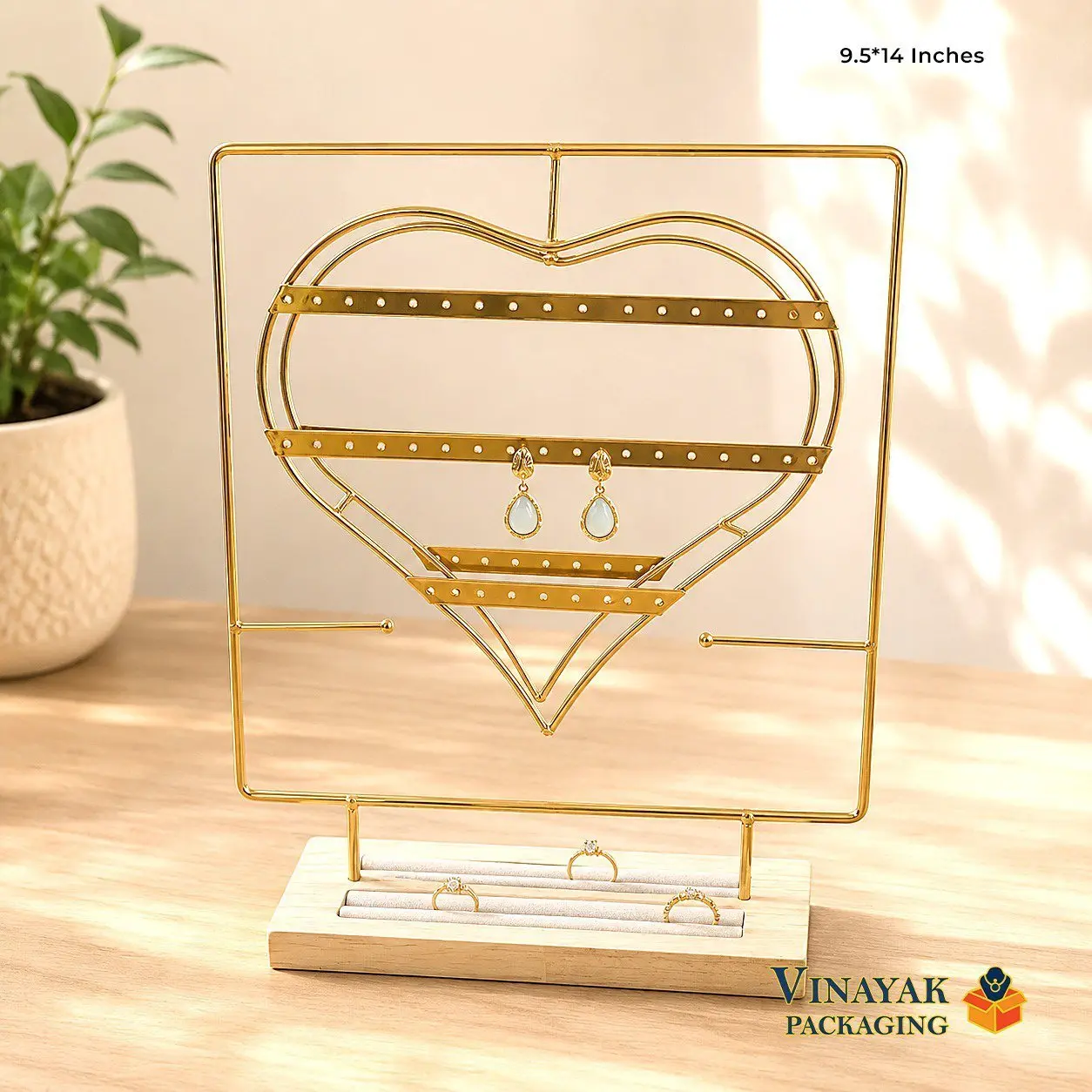 Heart Shape Gold Metal Jewelry Display Stand with Wooden Base | Earring, Ring & Necklace Organizer (9.5 × 14 Inches)