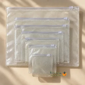 Transparent golden Slider Zipper Pouch for Jewellery & Accessories – Reusable Clear Storage Packing Pouch (25 pcs)