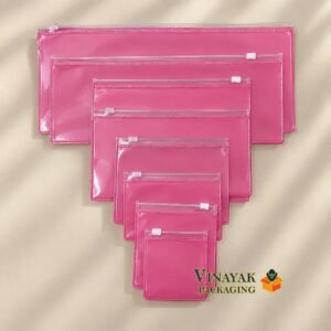 Pink Transparent Zipper Pouches for Jewellery & Accessories – Multi-Size Storage Packaging Bags (pack of 25 pcs)
