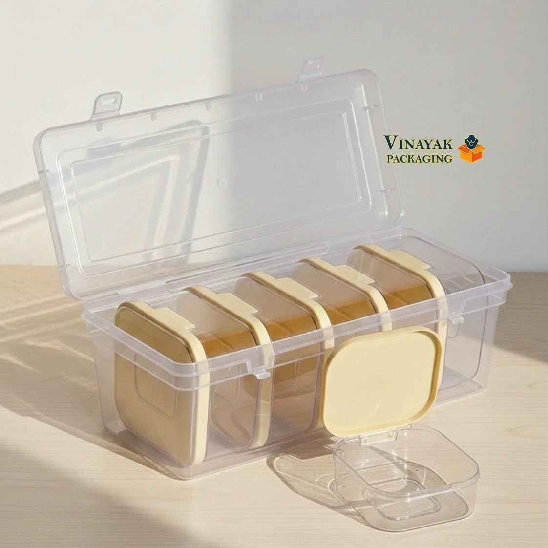 Clear Plastic Multi-Compartment jewellery Storage Box with Gold Inserts - 6 pcs (8*8 cm)