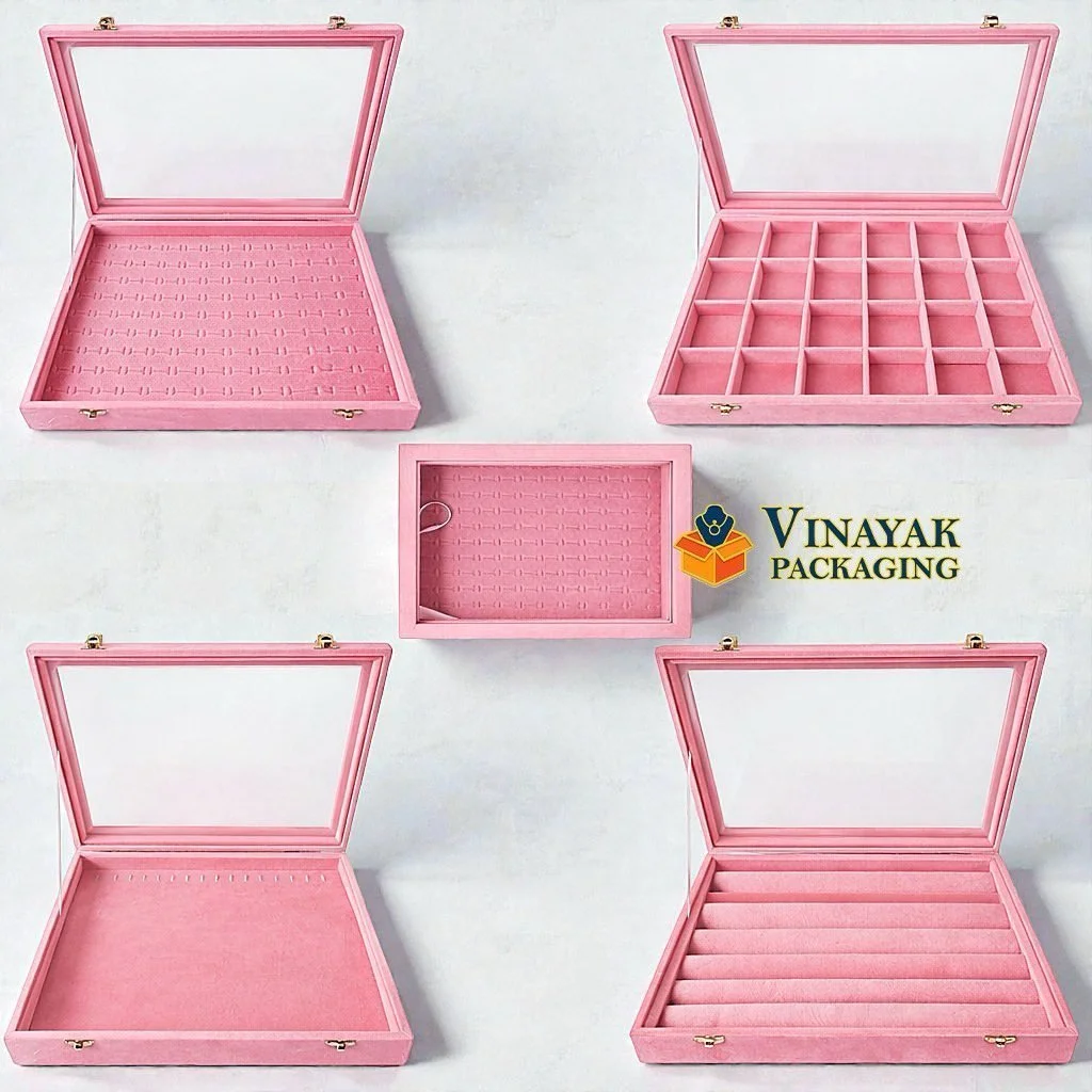 Premium Velvet Jewellery Display Box with Glass Lid | Ring, Earring, Pendant & Bracelet Organizer Case